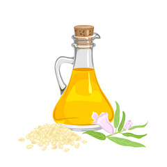 Sesame oil in glass bottle, flowering plant and heap of seeds isolated on white. Vector cartoon illustration.