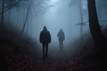 Man follows woman in dark foggy forest. Generative AI. - obrazy, fototapety, plakaty
