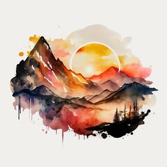 a watercolor art of a sunset in the mountains