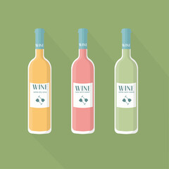 set of wine bottles: dry white wine, rose semi-sweet, white semi-sweet on a light green background, simplified vector illustration in flat and vintage style