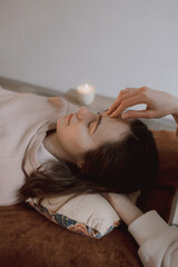 Female energy massage relaxing and care treatment for body and mindfull health gentle woman arms...
