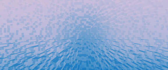 Geometric effect of many parallelepipeds on plane. Portal of blue pink colors. Fantastic future design background image with many lines and squares in digital space. Abstract backdrop of cyberspace.