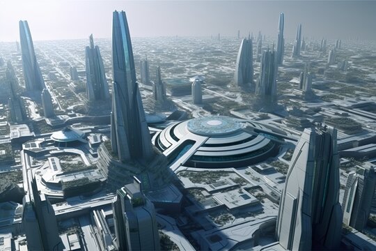空から俯瞰した高層ビルが立ち並ぶ近未来都市風景