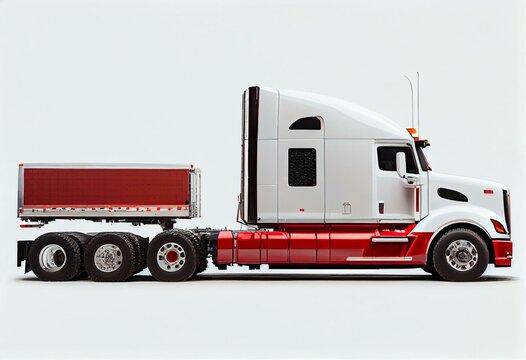 A large modern American truck with a white trailer and a red cab. Side view isolated on white background. Generative AI