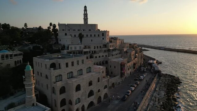 Aerial video over the old city of Jaffa during sunset