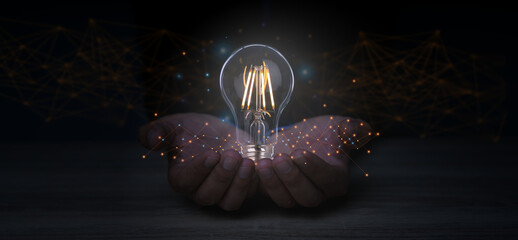 Creative solution or idea for web banner design or landing page template for creative agency with hands coming out of the screen with light bulbs and colorful abstract geometric shapes and lead lines.