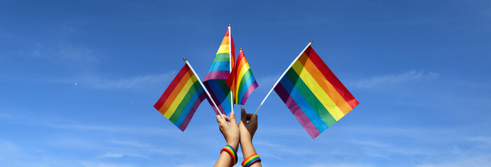 Rainbow flags showing in hands against clear bluesky, copy space, concept for calling all people to...