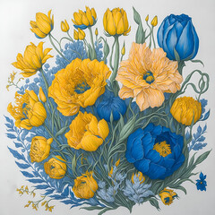 Illustration on a white background of yellow anemones, poppies and tulips
