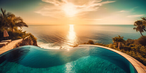 A luxurious, sunlit infinity pool overlooking the tranquil ocean and vibrant coastline during summer
