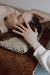 Female energy massage relaxing and care treatment for body and mindfull health gentle woman arms...