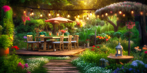 An enchanting, elegant outdoor dining area surrounded by lush gardens and blooming flowers during summer