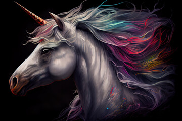 Obraz na płótnie Canvas Illustration of a white unicorn for children's design. Rainbow hair. Cute fantasy animal. Unicorn wallpaper. generative AI