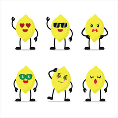 cute yellow sour lemon different activity vector sticker in white background. fruit different face expression set.