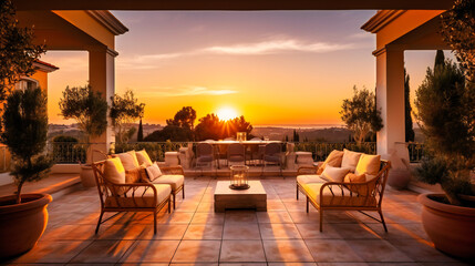 A spellbinding image of a luxurious summer villa terrace, offering the perfect setting to unwind and enjoy a majestic sunset