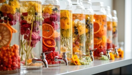 Bottles of glass with refreshing fruit tea infused water with flowers Generative AI Illustration