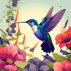 hummingbirds in the air among flowers cartoon created with Generative Ai technology