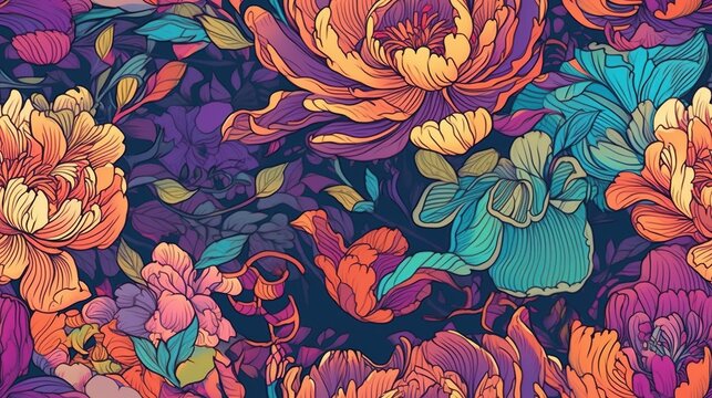 Generative AI, Floral colorful seamless pattern. Lisa Frank and James Jean inspired natural plants and flowers background, Psychedelic illustration. Foliage ornament.	
