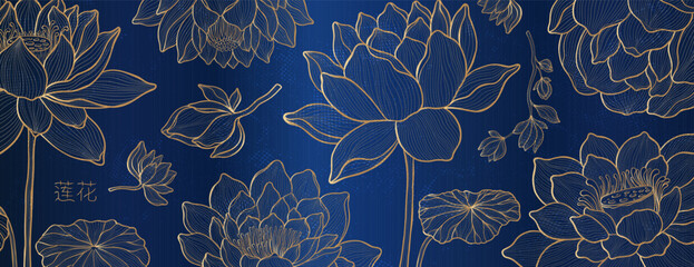 Freehand of a lotus with thin graceful lines against.Lotus flower luxury design template poster.