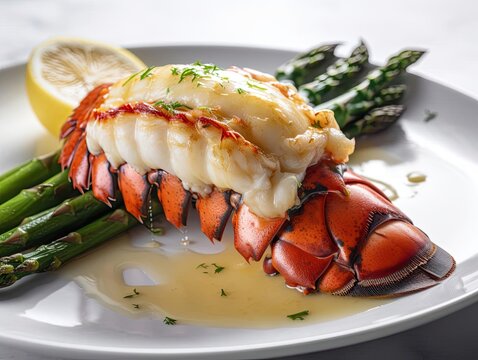 A close-up shot of a perfectly cooked lobster tail sitting.