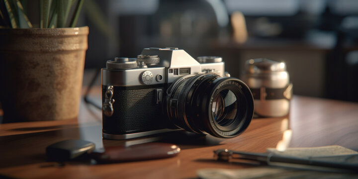 reflex photo camera on the table, generative ai