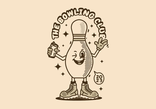 Naklejki Character design of a bowling pin holding a beer can