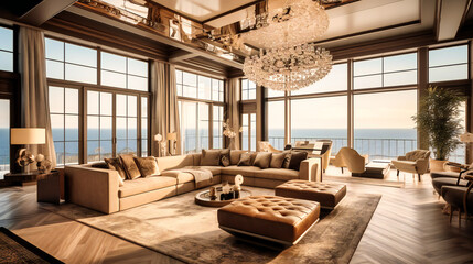 A stunning image of a lavish villa interior, showcasing spacious design, contemporary furnishings, and breathtaking ocean views