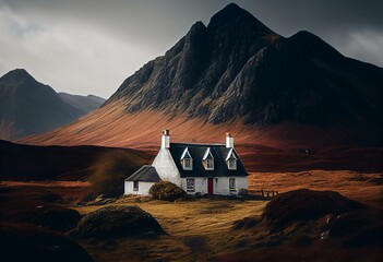 A lone traditional Scottish Highlands white croft house cottage in a rural mountain landscape countryside with Glamaig Peak and the Red Cuillins on the Isle of Skye, Scotland. Generative AI - obrazy, fototapety, plakaty