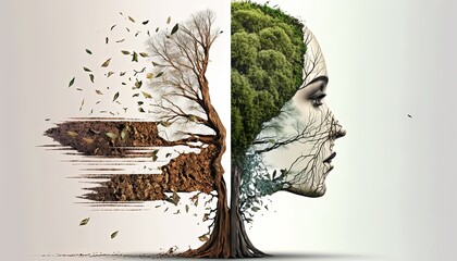 Double exposure portrait of young woman and autumn trees. by ai generative 