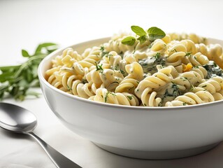 Close-Up of Savory Pasta Dish with Creamy Sauce.