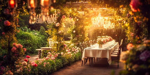A refined, opulent outdoor dining area set against a picturesque garden for an enchanting soiree