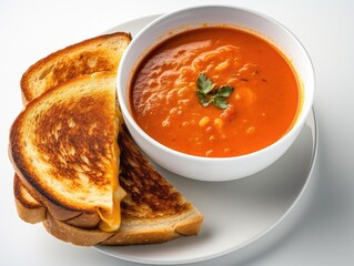 Close-up Tomato Soup Image, Steaming Hot Bowl, Bottom Right View.