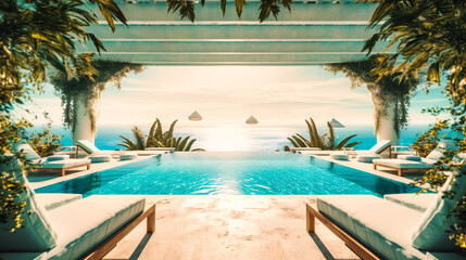 Fototapeta na wymiar A captivating image of a chic poolside lounge area, offering a perfect blend of lavish design and awe-inspiring ocean views for an unforgettable summer experience