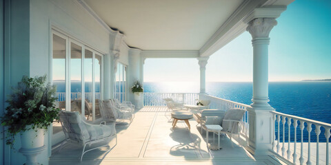 A serene, airy terrace of a grand summer home with an idyllic ocean view and luxurious ambiance