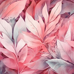 Abstract art background with leaves of tropical plants in pink color in a watercolor style. Botanical banner for decoration design, print, wallpaper, textile, and interior.