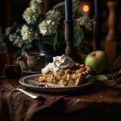 Close-up of homemade apple pie slice, succulent and delicious, ready to devour.