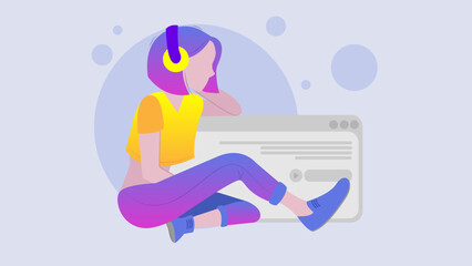 Girl with laptop computer listening to music