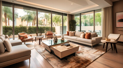An elegant image of a high-end villa rental's modern living space, showcasing its sophisticated design and seamless indoor-outdoor connection
