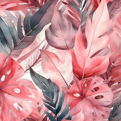 Abstract art background with leaves of tropical plants in pink color in a watercolor style. Botanical banner for decoration design, print, wallpaper, textile, and interior.