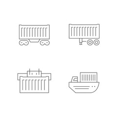 Set line icons of cargo container delivery