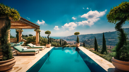 Fototapeta premium A mesmerizing image of a luxurious villa rental's terrace, highlighting its stunning infinity pool, lounge area, and panoramic views
