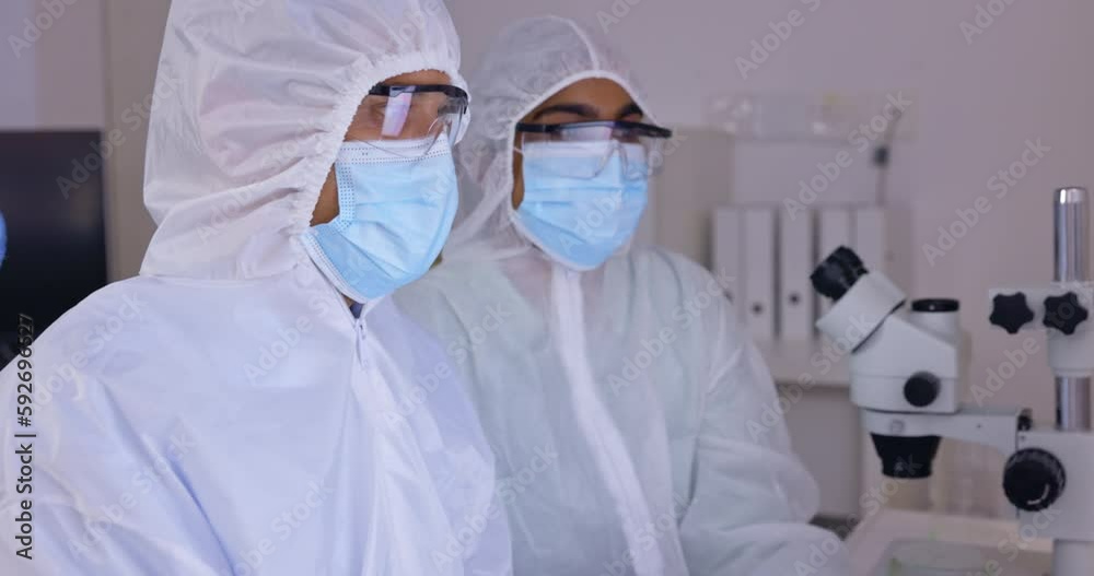 Poster Scientist team in laboratory, PPE and discussion with computer and microscope, science study for medical research. People working together, data analysis and digital test results with biotechnology