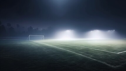 A soccer field being lit by huge bright spotlights, stadium.