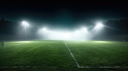 Fototapeta na wymiar A soccer field being lit by huge bright spotlights, stadium.