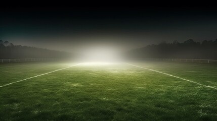 A soccer field being lit by huge bright spotlights, stadium.