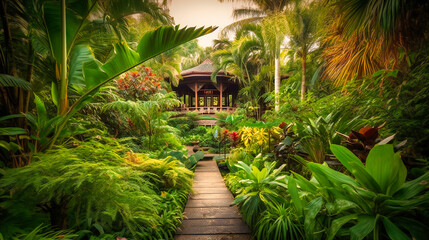 Fototapeta na wymiar A stunning image of a private villa enveloped in a tropical garden oasis, providing the ultimate sanctuary for relaxation