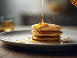 Droplet of honey meets fluffy pancakes in delicious combo.