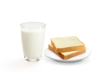 Glass of milk and plate with bread  isolated PNG transparent