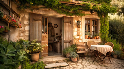 Fototapeta na wymiar An idyllic image of a charming, rustic-style villa surrounded by a lush garden, evoking a sense of peacefulness and nostalgia