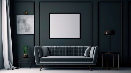 A modern living room with a picture frame on the wall. Generative AI