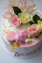 Flat lay view of a beautifully decorated birthday cake